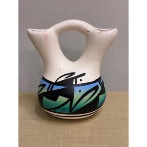 Black, Blue & Green Wedding Vase – Hand Painted Pottery – Double Spout